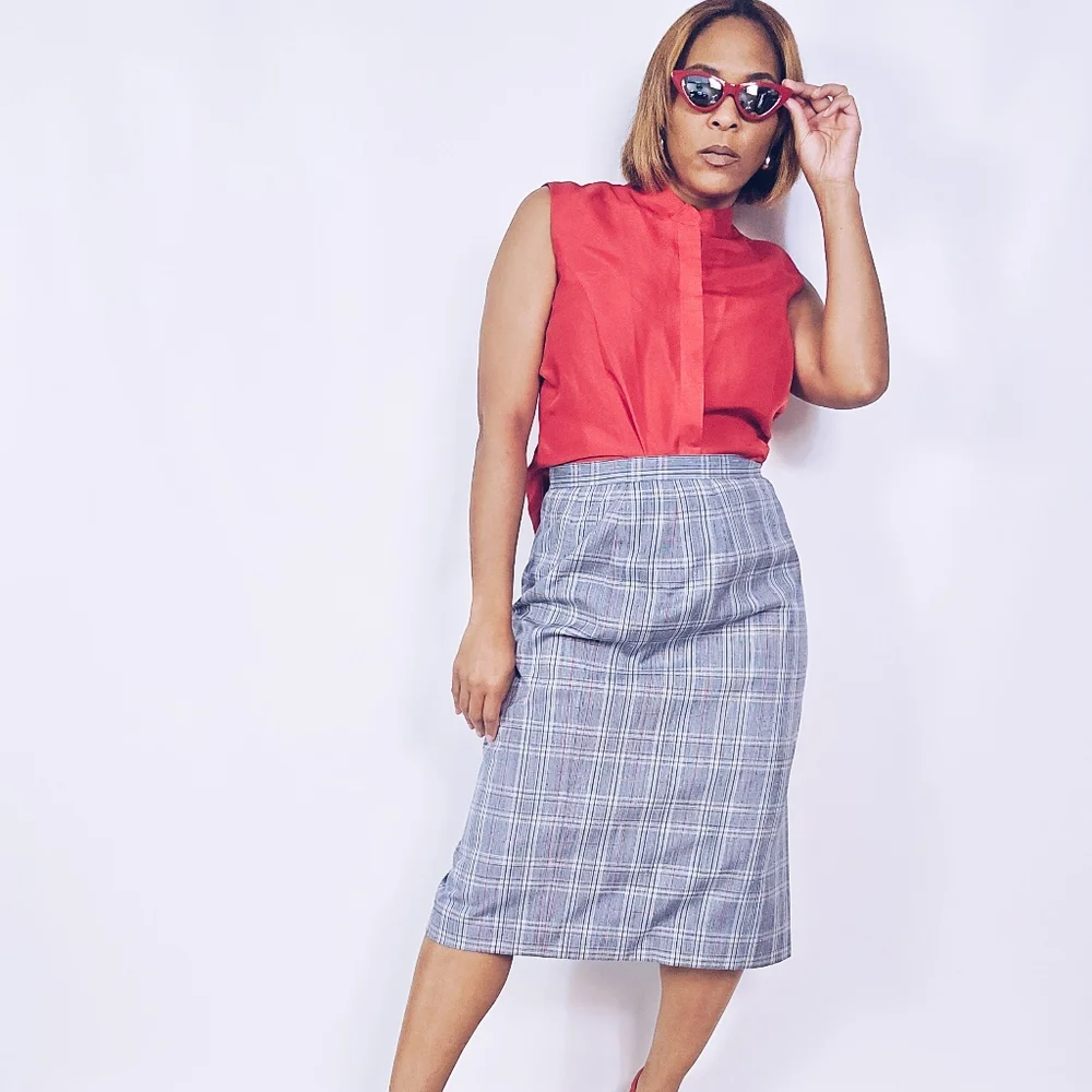 Silk Belnd Plaid Pencil Skirt - Picture 2 of 9